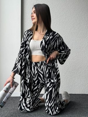 🐾 STYLISH ZEBRA PRINT 3PCS CO-ORD SET 🐾 TRENDY GOWN & TROUSERS