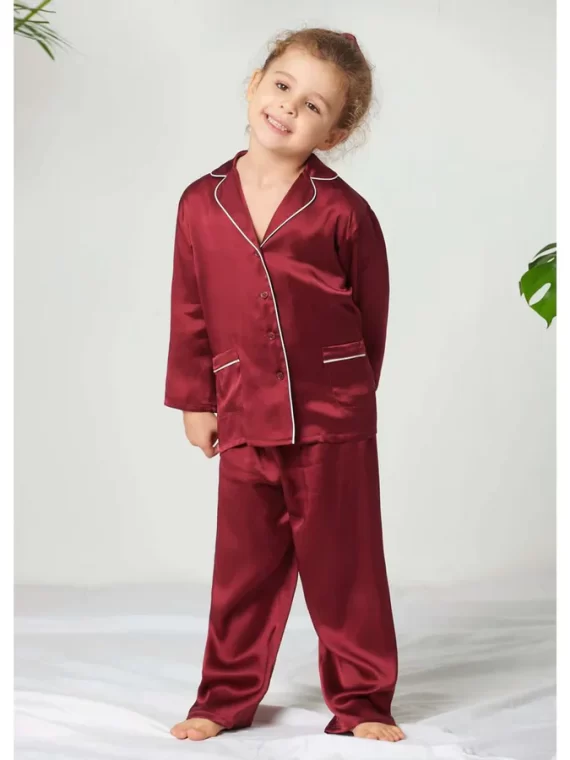 Maroon Kids Silk Pajamas Set
