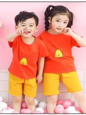 Orange With Yellow Cat Printed Short Sleeve Kids Wear
