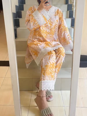 "Elegant Floral Lace Trimmed Yellow Kurta Set"