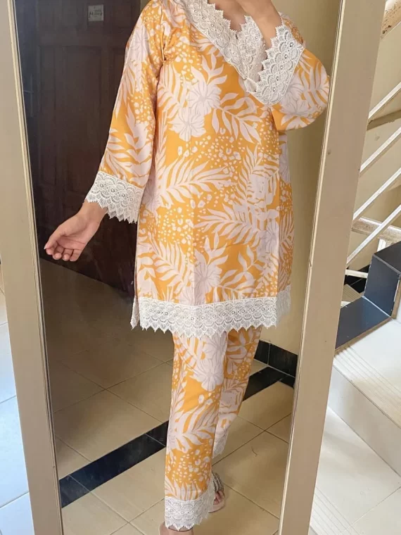 "Elegant Floral Lace Trimmed Yellow Kurta Set"