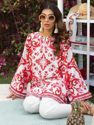 Elegant Red & White Floral Embroidered Kurti Set