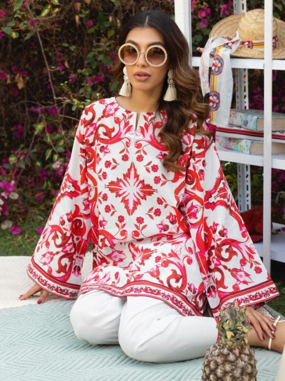 Elegant Red & White Floral Embroidered Kurti Set