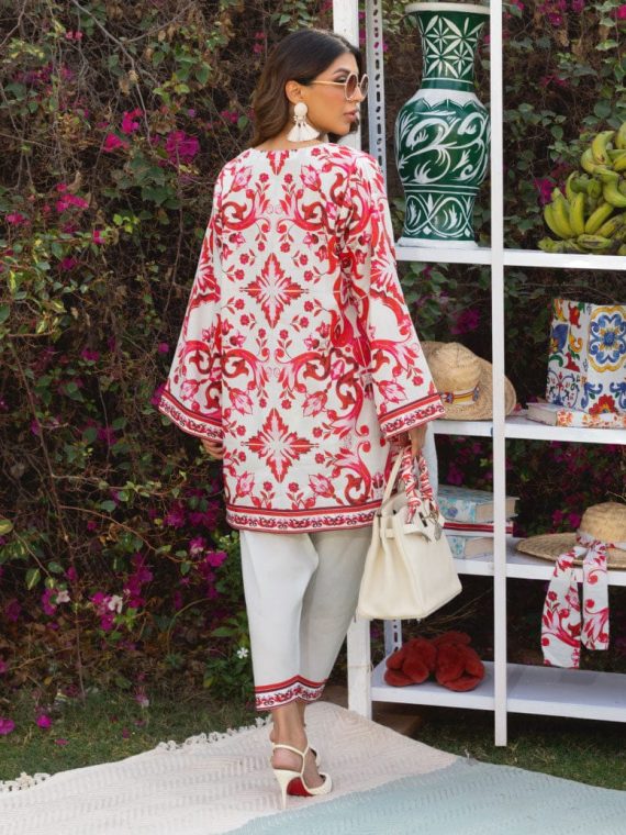 Elegant Red & White Floral Embroidered Kurti Set