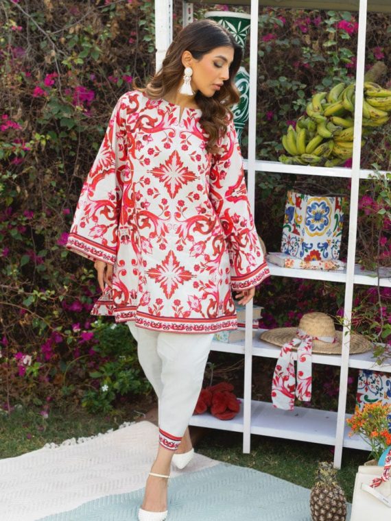 Elegant Red & White Floral Embroidered Kurti Set