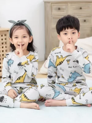 White Blue Dino Print Kids Wear