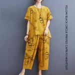 Yellow Black Circle Printed Capri PJ Nightsuit
