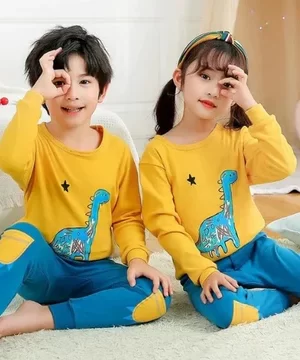 Yellow Blue Dino Printed Kids Wear