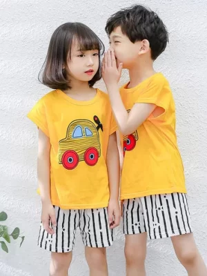 Yellow Car Printed Kids Short Sleeve Kids Wear